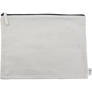 A cream Calico Conference Bag with a black zip, featuring a logo on the side. Measures 25cm x 34cm.