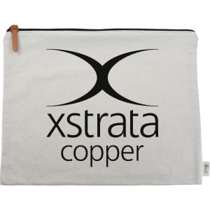 A light-coloured conference bag featuring a logo, with a zip closure and a leather pull tab.