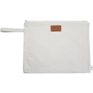 A cream-coloured conference bag with a leather logo patch, featuring a top zipper and a fabric handle.
