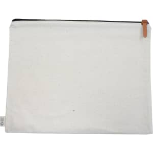 A cream-coloured conference bag with a zip closure and a leather pull tab, featuring a branded label.