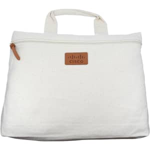 A white calico conference bag with a zipper and a small logo on the front.