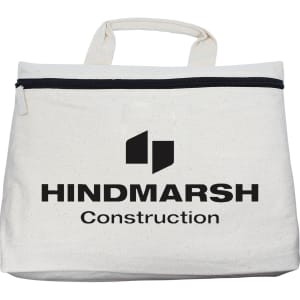 A cream conference bag with a top zip closure and a handle, featuring a logo on the front.