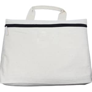 A white calico conference bag with a zip closure and two handles. It features a branding logo.