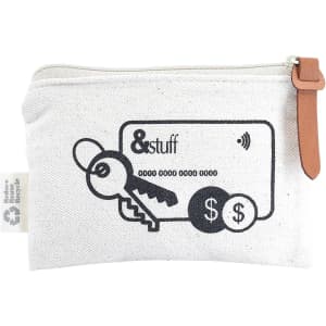 A cream-coloured pouch featuring a key and card graphic, with a leather zipper pull and a logo on the side.