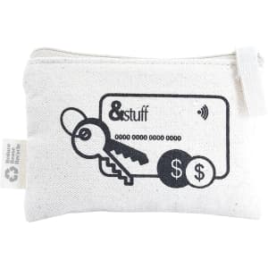 A cream pouch with a zipper featuring illustrations of keys, a card, and coins. It includes a logo.