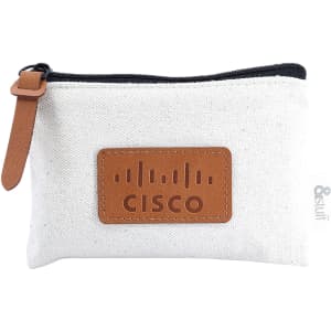 A cream pouch with a brown leather patch and logo, featuring a zip closure and a leather pull tab.