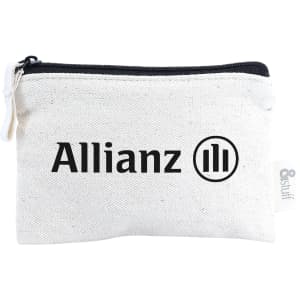 A cream-coloured pouch with a zipper, featuring a logo and designed for cards and keys.