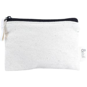 A white canvas pouch with a black zipper, featuring a small branding label on the side.