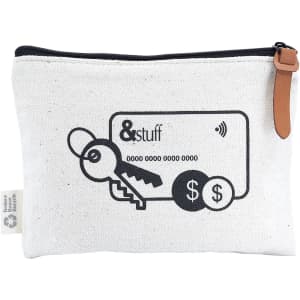 A cream-coloured pouch with a zipper, featuring a graphic of keys and a card, complete with a logo.