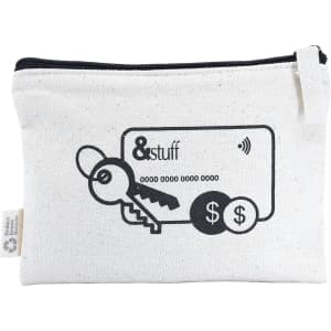 A white pouch featuring a graphic of a key and a card, with a black zipper and branding label.