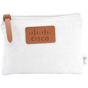 A white canvas pouch with a leather tag featuring a logo, suitable for cards and keys.