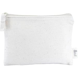 A white canvas pouch with a zipper, featuring a small branding label. Suitable for holding cards and keys.