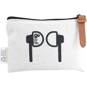 A cream-coloured earphone pouch with a zip and brown leather tag, featuring a simple graphic design.