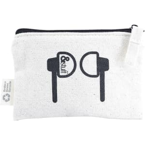 A white earphone pouch with a zip, featuring a logo and graphic design of earphones.