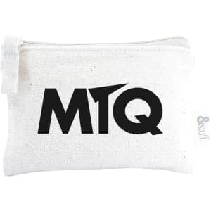 A white calico earphone pouch featuring a prominent black logo. The pouch measures 8.5cm x 13cm.