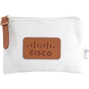 A white calico earphone pouch with a brown leather-style logo patch and a zip closure.