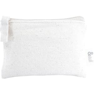 A small white fabric pouch with a zip closure, featuring a logo tag. Ideal for storing earphones or small items.