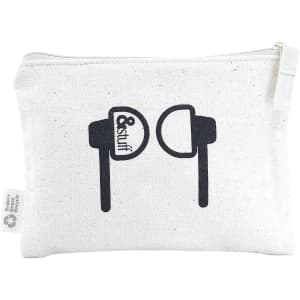 A white calico earphone pouch with a black design featuring earphones, including a logo.