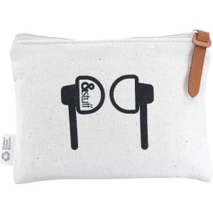 A white calico earphone pouch with a zipper and a leather pull. It features a graphic of earphones and a logo.