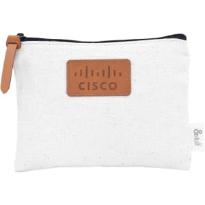 A white fabric earphone pouch with a leather tag and a logo. The pouch features a zipper closure.
