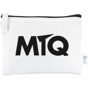 A white calico earphone pouch featuring a black logo, with a zip closure and a small tag.