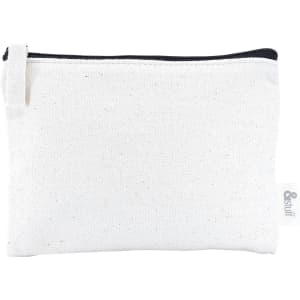 A white calico pouch with a black zipper, suitable for earphones, featuring a small logo.