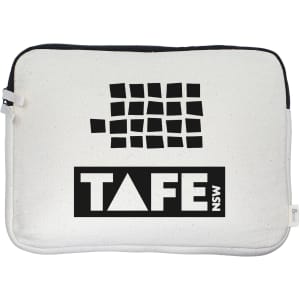 A cream laptop sleeve featuring a black logo and design, measuring 24cm x 33cm x 3cm.