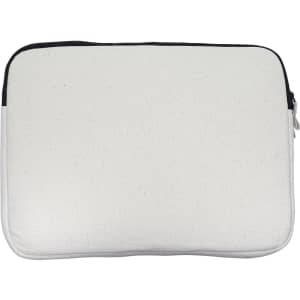 A light grey laptop sleeve with a black zipper, featuring a simple design and no visible branding.