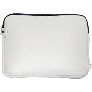 A cream laptop sleeve with a black zipper, featuring a simple design and a branding label.