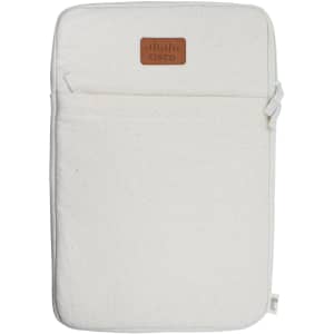 A cream laptop sleeve with a zip and a logo badge, designed for a 15-inch laptop, featuring a minimalist design.