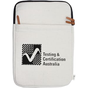 A cream-coloured laptop sleeve with a zipper, featuring a logo and brown accents.