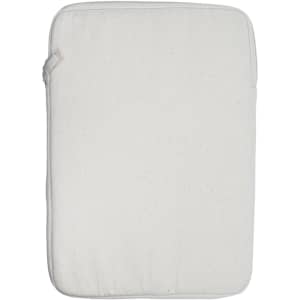 A laptop sleeve in a light cream colour with a zip closure and a simple design. Features a logo.