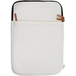 A laptop sleeve in cream with a black trim, featuring two leather straps and a front pocket.