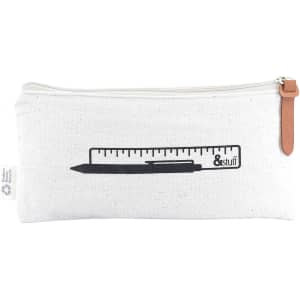 A white pencil case featuring a ruler and pen design, with a zipper closure and a leather pull tab.