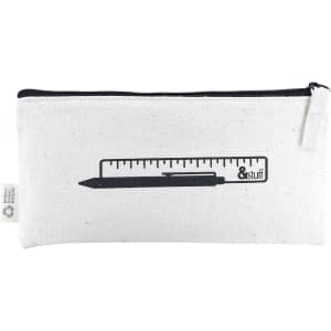 A white pencil case featuring a graphic of a ruler and pen, with a black zip and logo on the side.