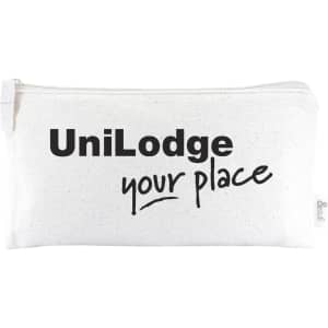 A white calico pencil case with a zip, featuring a branded logo and simple black text design.