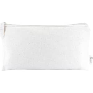 A white calico pencil case with a zip closure and a small logo on the side. Measures 10cm x 21cm.