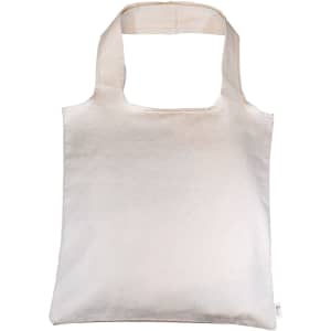 A natural-coloured calico shoulder bag with long handles, measuring 37cm x 37cm, featuring a logo.
