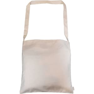 A light beige tote bag with long handles and a simple design, featuring a branding logo.