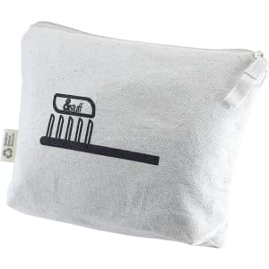 A toiletry bag in a light grey fabric featuring a simple black comb graphic and a zip closure.
