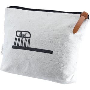 A cream toiletry bag with a simple black comb design and a leather pull tab. Features a logo on the side.