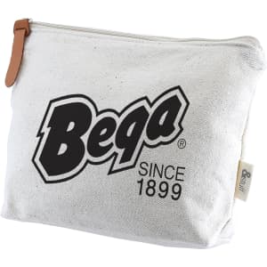 A white toiletry bag with a zipper, featuring a logo and a tan leather pull tab.