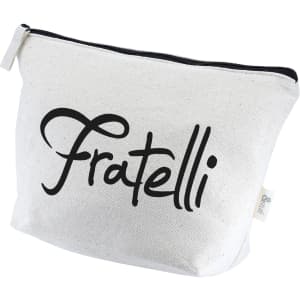 A white toiletry/makeup bag with a zip closure, featuring a bold black logo. Measures 17x27x8.5cm.