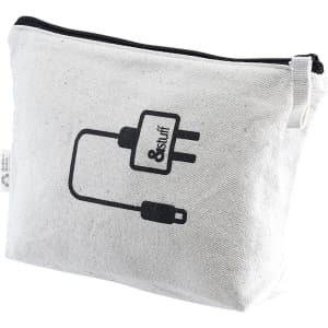 A white toiletry bag with a black logo design featuring electronic cables, zippered closure.