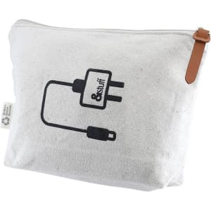 A white toiletry pouch with a zipper, featuring a graphic design of electronic plugs and a logo.