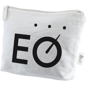 A white toiletry pouch featuring a simple black logo design. It has a zip closure and is made of durable fabric.