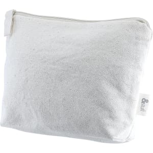 A cream-coloured toiletry pouch with a zip closure and a small logo on the side.