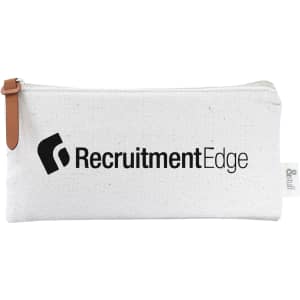 A white toiletry pouch with a leather zipper pull and a logo on the front. Ideal for travel accessories.
