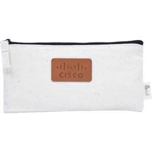 A white toiletry pouch with a brown logo patch, featuring a black zip and side tab.