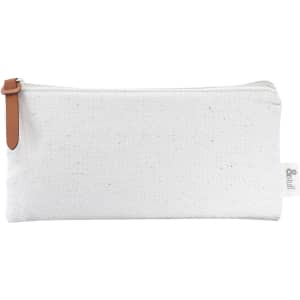 A white toiletry pouch with a zip closure and a brown leather pull tab, featuring a small logo on the side.